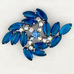 Vintage Blue Glass Cabochon Swirl Brooch With AB Rhinestones Blue Statement
